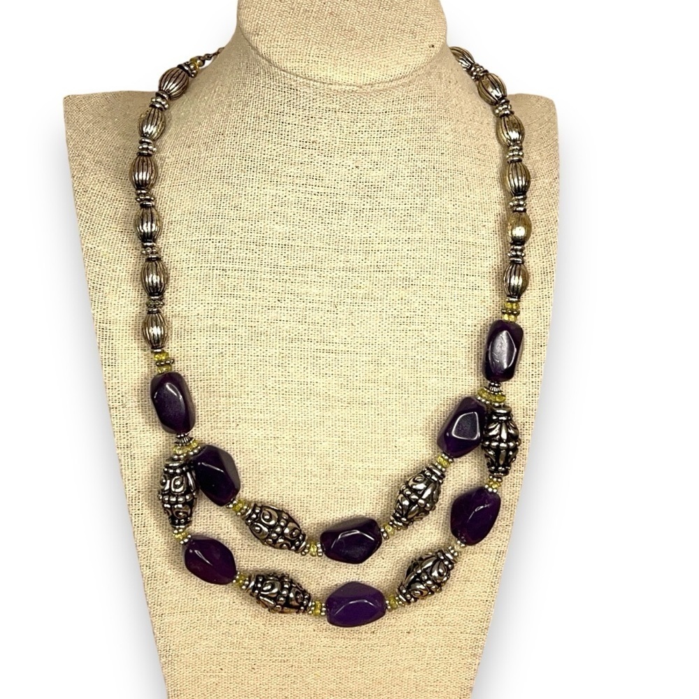 PURPLE SILVER BEADED LAYERED NECKLACE ORNATE FASHION